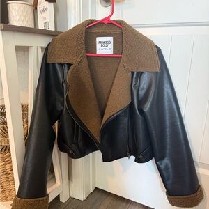 Princess Polly Black Faux Leather Jacket with Brown Sherpa Trim